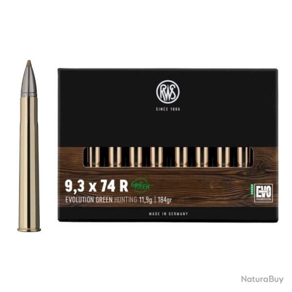 Munitions RWS 9,3x74 R EVO Green Sans Plomb 11,9 g - Bte 20 - RWS 9.3x74 R Evo  11.9