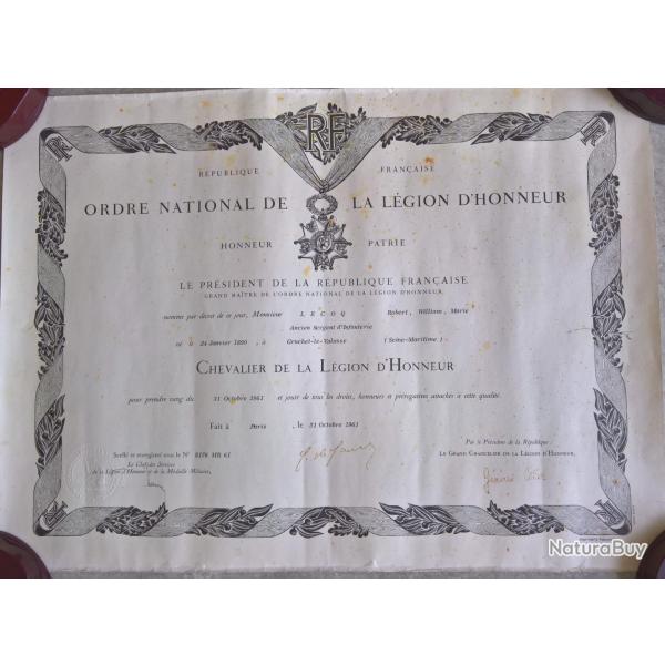 Dipl�me Chevalier de La L�gion d'honneur