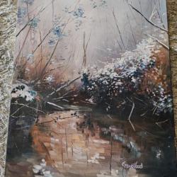 Huile sur toile - Sous-bois enneige - St Laurent des Hommes - Gilles Montillaud