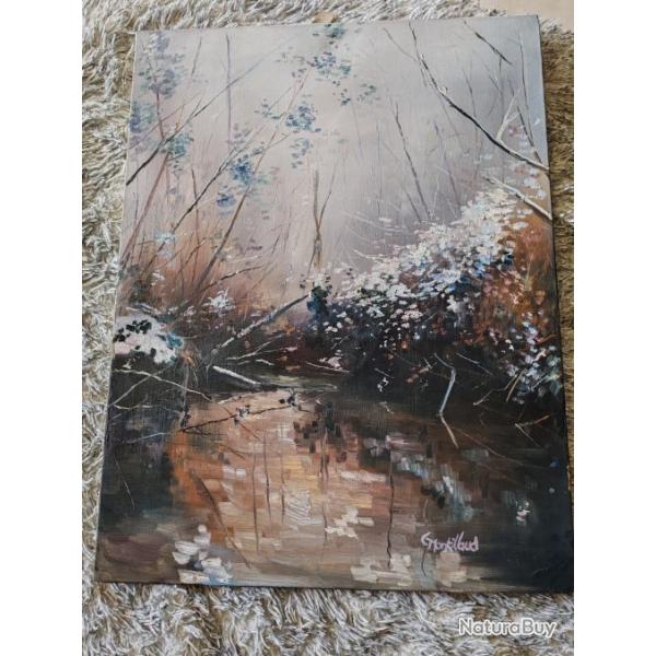 Huile sur toile - Sous-bois enneige - St Laurent des Hommes - Gilles Montillaud