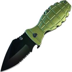 Couteau ElitEdge Grenade A/O Lame Acier Inox Manche Alum Motif Grenade Vert Linerlock EE10A133GN