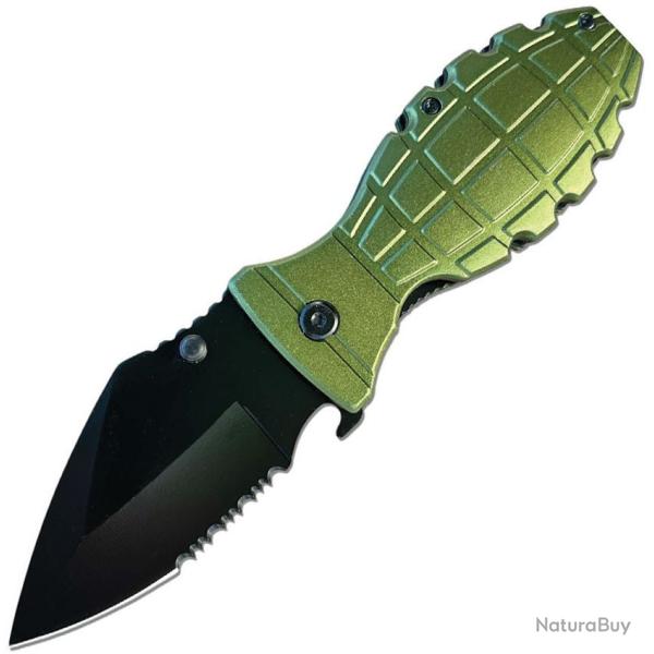 Couteau ElitEdge Grenade A/O Lame Acier Inox Manche Alum Motif Grenade Vert Linerlock EE10A133GN