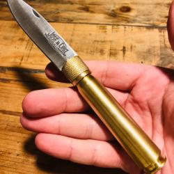 Couteau de Poche Artisanal Jos&eacute; Da Cruz 19cm Manche en LAITON balle de fusil Lame Acier Carbone neuf