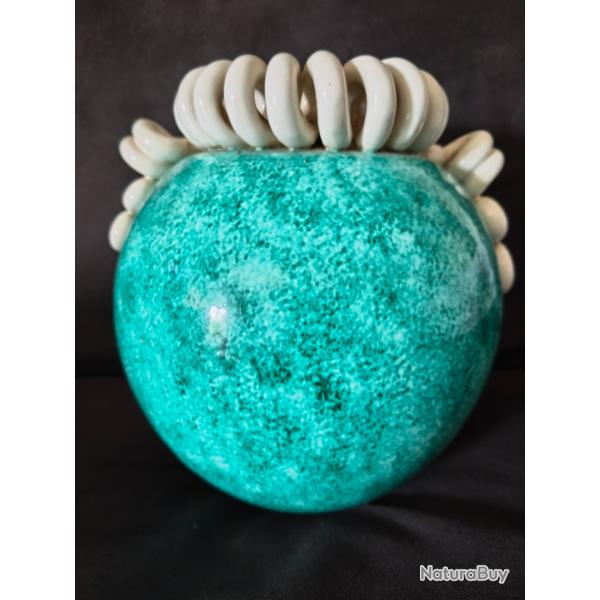 Vase boule Gustave Asch - Sainte Radegonde - Turquoise et serpentins blancs - 1900-1910