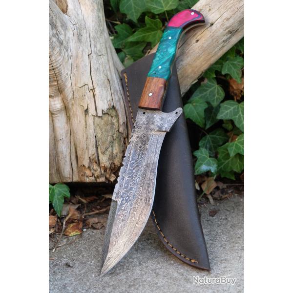 Bowie Couteau de Chasse Lame Acier Damas 256 Couches Manche Bois R�sine Fabric Artisanale Etui Cuir