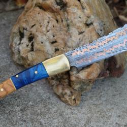 Beau Couteau Gentleman Lame Damas Acier/Laiton 128 Couches Butcher Manche Bois/R&eacute;sine Fab Artisanale