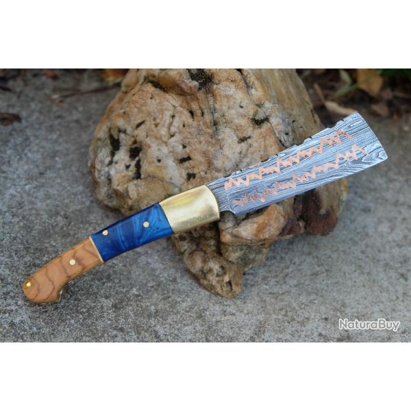 Beau Couteau Gentleman Lame Damas Acier/Laiton 128 Couches Butcher Manche Bois/R�sine Fab Artisanale