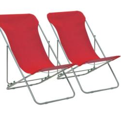 Chaises plage pliantes acier tissu Oxford rouge r&eacute;glables lot 2