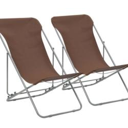 Chaises plage pliantes acier tissu Oxford marron r&eacute;glables lot 2