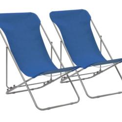 Chaises plage pliantes acier tissu Oxford bleu r&eacute;glables lot 2