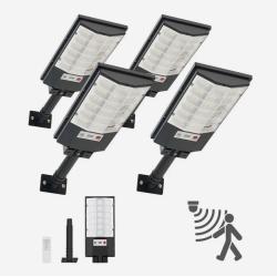 4 Lampadaires Solaire 500 W Projecteur LED Solaire 50 000 Lm D&eacute;tecteur de Mouvement et T&eacute;l&eacute;commande