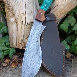 Beau Bowie Couteau de Chasse Kukkri Damas Lame 256 Couches Manche R&eacute;sine/Bois Fab Artisan Etui Cuir