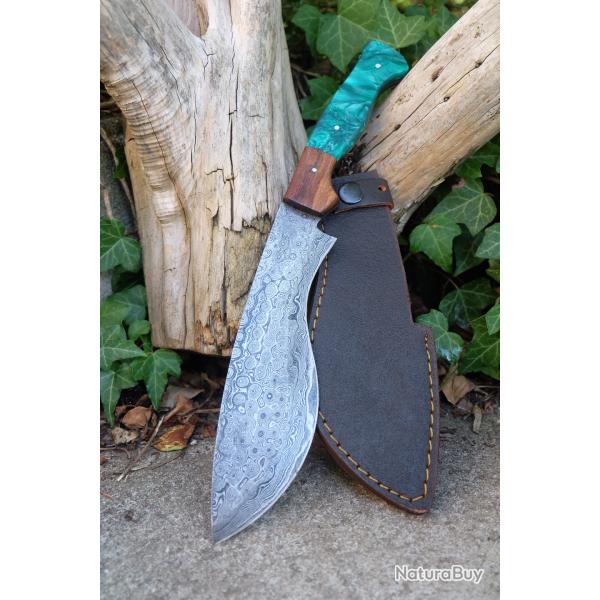 Beau Bowie Couteau de Chasse Kukkri Damas Lame 256 Couches Manche R�sine/Bois Fab Artisan Etui Cuir