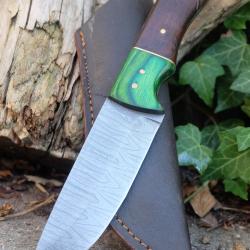 Skinner Couteau Damas Lame 256 Couches Lame Drop Point Manche Bois Naturel Artisanale Etui Nylon
