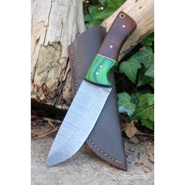 Skinner Couteau Damas Lame 256 Couches Lame Drop Point Manche Bois Naturel Artisanale Etui Nylon