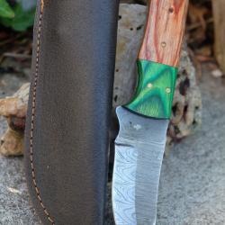 Skinner Couteau Damas Lame 256 Couches Lame Drop Point Manche Bois Naturel Artisanale Etui Nylon 01