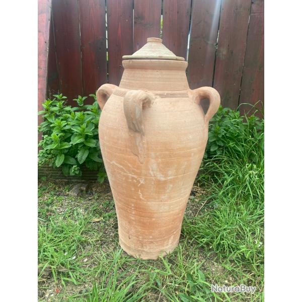 Grande jarre ancienne en terre cuite 80 cm - 4 anses et couvercle