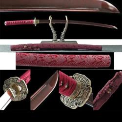 Katana damass&eacute; de collection avec fourreau sculpt&eacute;, solide, tranchant, pour coupe