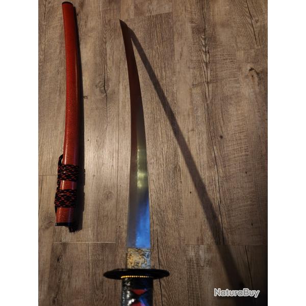 Katana rouge en v�ritable acier Damas forg� - Battle Ready - Arme de coupe haut de gamme