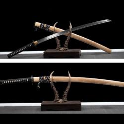 Katana T10 d'exception - Fourreau en bois sculpt&eacute; - Trempe traditionnelle &agrave; l'argile - Battle Ready