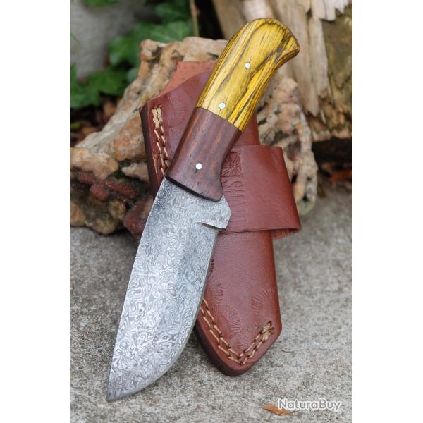 Couteau Skinner Lame Acier Damas 256 Couches Manche Bois Tigre Etui Cuir Port Horizon F Artisanale01