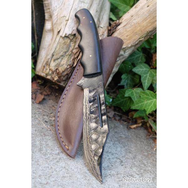 Poignard Couteau Lame Clip Point Acier Cabone 3 Couches Manche Micarta Fabric Artisanale Etui Cuir