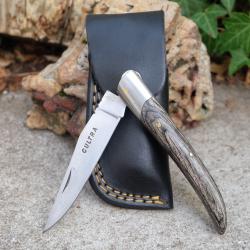 Couteau Grand P&egrave;re Fa&ccedil;on L'Aveyronnais Manche Bois Lame Acier Inox Etui Cuir Fabric Artisanale