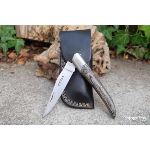 Couteau Grand P�re Fa�on L'Aveyronnais Manche Bois Lame Acier Inox Etui Cuir Fabric Artisanale