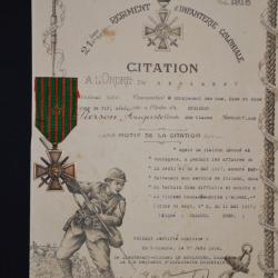 CROIX DE GUERRE 1914-18 AVEC DIPLOME DE CITATION-21&deg;REGIMENT INFANTERIE COLONIALE-3&deg;DIC