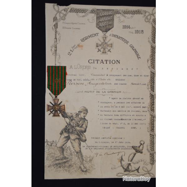 CROIX DE GUERRE 1914-18 AVEC DIPLOME DE CITATION-21�REGIMENT INFANTERIE COLONIALE-3�DIC