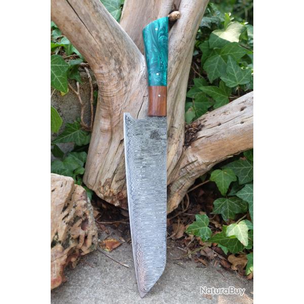 Couteau de Cuisine Style Japonais Damas Lame Kiritsuke 256 Couches Manche R�sine/Bois Fab Artisanale