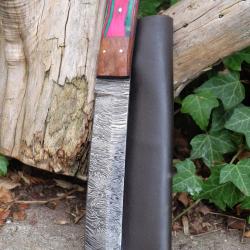 Couteau Mini Katana Tanto Damas Lame 256 Couches Manche Bois Arlequin Etui Cuir Fab Artisanale