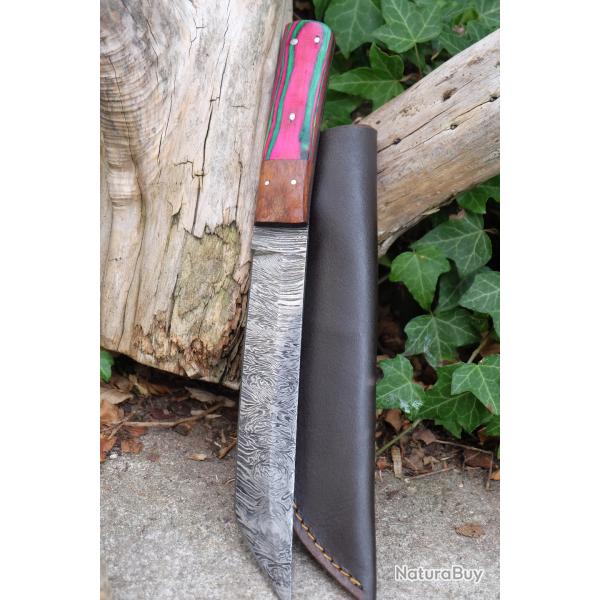Couteau Mini Katana Tanto Damas Lame 256 Couches Manche Bois Arlequin Etui Cuir Fab Artisanale