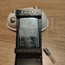 Briquet Essence Zippo XII lighter grav&eacute; Chrom&eacute; + pierres + coffret d origine