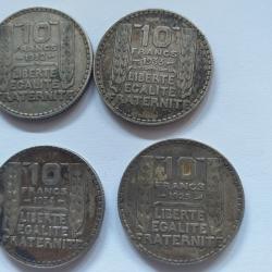 Lot de 4 pi&egrave;ces de 10 Francs argent