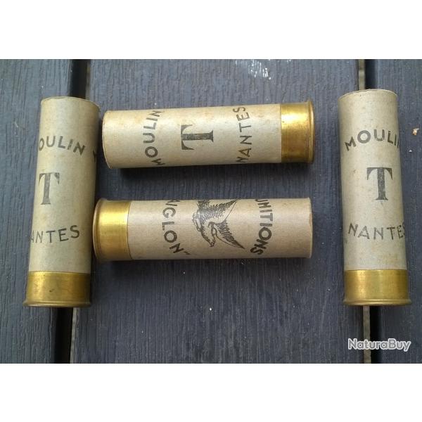 LOT DE 4 ANCIENS ETUIS DE CARTOUCHES CAL 12 VIDE / LA GAULOISE  GEVELOT  AIGLON MOULIN NANTES