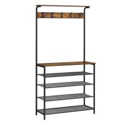 Porte-manteau sur pieds meuble entr&eacute;e vestiaire industriel avec &eacute;tag&egrave;res &agrave; chaussures 5 niveaux 5 c