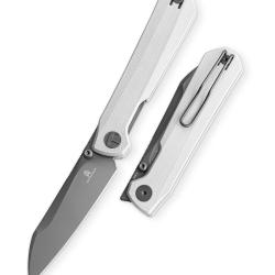 Couteau Bestechman Curvee Lame Acier AEB-L Gris Manche G10 Blanc Liner Lock BTKMK20D