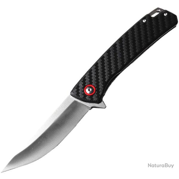 Couteau ElitEdge Lame Acier 8Cr13MoV Manche Fibre de Carbone, accents rouges Linerlock EE10B019SL