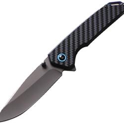 Couteau ElitEdge Lame Acier 8Cr13MoV Manche Fibre de Carbone, accents bleus Linerlock EE10B017GY