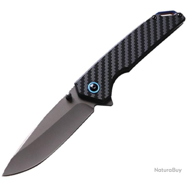Couteau ElitEdge Lame Acier 8Cr13MoV Manche Fibre de Carbone, accents bleus Linerlock EE10B017GY