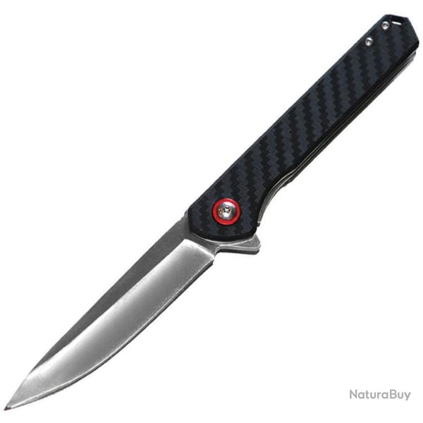 Couteau ElitEdge Lame Acier 8Cr13MoV Manche Fibre de Carbone, accents rouges Linerlock EE10B016SL