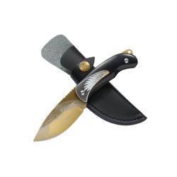 Couteau Fixe Elk Ridge Lame Acier 3Cr13 Dor&eacute;e TiNi Manche Bois Noir &Eacute;tui Cuir ERFIX112TN