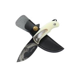 Couteau Fixe Elk Ridge Lame Acier 3Cr13 Manche POM Ivoire Gravure &Eacute;tui Cuir ERFIX112BN