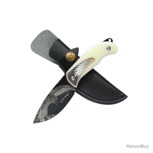 Couteau Fixe Elk Ridge Lame Acier 3Cr13 Manche POM Ivoire Gravure �tui Cuir ERFIX112BN