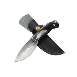 Couteau Fixe Elk Ridge Lame Acier 3Cr13 Manche Bois Noir Gravure &Eacute;tui Cuir ERFIX112BK