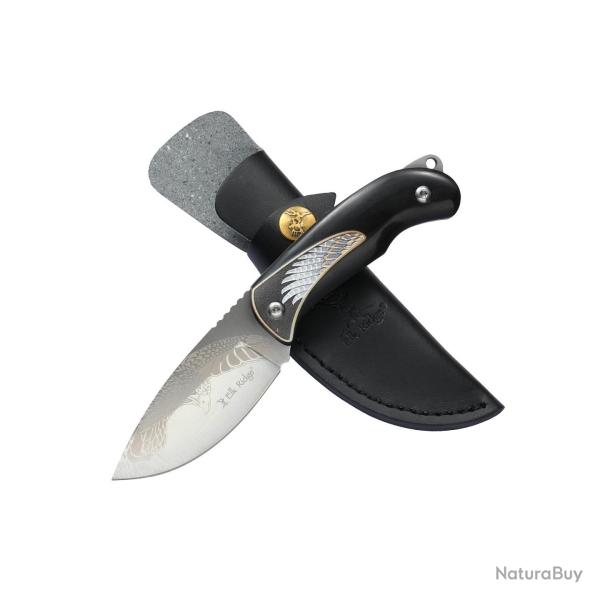 Couteau Fixe Elk Ridge Lame Acier 3Cr13 Manche Bois Noir Gravure �tui Cuir ERFIX112BK