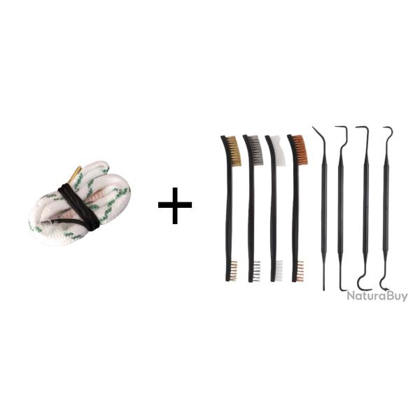 Kit Cordon de nettoyage boresnake calibre 12 + Set de nettoyage 4 brosses + 4 crochets