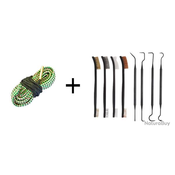Kit Cordon de nettoyage boresnake calibre 30/7.62mm + Set de nettoyage 4 brosses + 4 crochets