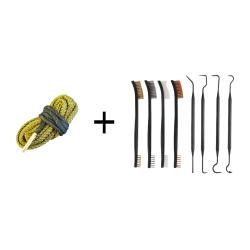 Kit Cordon de nettoyage boresnake calibre 9mm + Set de nettoyage 4 brosses + 4 crochets